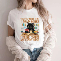 T Shirts for Women Clothing Cat Book Shirt That's What I Do I Read Books I Drink Coffee Graphic Tees Book Lover T-shirts Tops