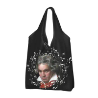 Custom Beethoven With Flying Music Notes Shopping Bag Women Portable Large Capacity Groceries Musician Tote Shopper Bags