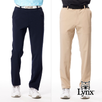 【Lynx Golf】男款日本進口面料吸排涼感機能彈性舒適配布剪接口袋貼膜設計平口休閒長褲(二色)
