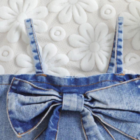 Little Girl Denim Outfit Bow Square Neck Spaghetti Strap Tops Split Hem Skirt Summer 2 Piece Set for Toddler