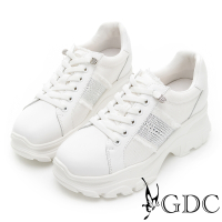 GDC-真皮水鑽拼接單寧風厚底免綁帶休閒鞋-白色