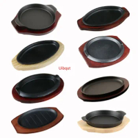 Korean cast iron barbecue pot fried striped steak BBQ grilled plate round household baking raosting pan wooden tray kitchen pan