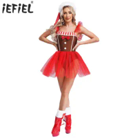 Womens Gingerbread Xmas Christmas Santa Claus Cosplay Outfits Bowknot Striped Tutu Dress Flying Slee