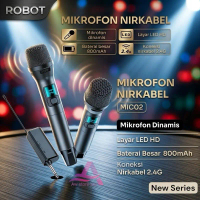 ROBOT 1Set Mikrofon Wireless Karaoke Dual Mic 2.4G HD LED Display + Receiver Jack Audio 6.35mm