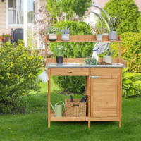Outdoor Garden Potting Bench Table Work Bench Metal Tabletop W/Cabinet Drawer Open Shelf Natural Wood Camping Furniture
