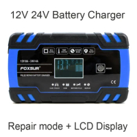 FOXSUR 12V 24V 8A Car Motorcycle Battery Charger ,Lead Acid AGM GEL WET Smart Battery Charger, Pulse Repair Battery Charger