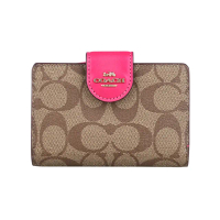 【COACH】COACH CORNER浮雕馬車LOGO滿版印花PVC 8卡壓釦式中夾(卡其x桃粉)