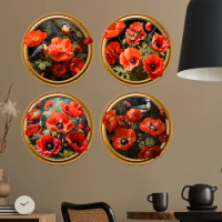 Birds on Red Flowers with Fake Mirror Frame Wall Stickers Simulation Decals Living Room Bedroom Hanging Art Mural Poster Decor