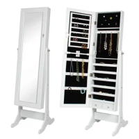Mirrored Jewelry Cabinet Armoire with Mirror Diamond Design Standing Storage Organizer Box