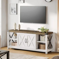 TV Cabinet, 50/60/65 Inch TV, Farmhouse Wood TV Cabinet Entertainment Center with Storage and Adjustable Shelves (White)
