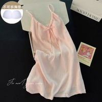 仙女風純棉睡衣女夏季帶胸墊粉色吊帶睡裙嬰兒棉蝴蝶結家居服睡裙