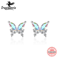 TrustDavis Real 925 Sterling Silver Sweet Butterfly Colour CZ tud Earrings For Daughter Teen Girls Fine Fashion Jewelry LB101