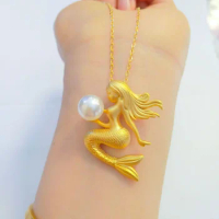 High quality 2024 women's fashion trend 24k necklace pearl mermaid pendant 999 gold necklace pure gold AU750