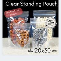 Clear standing pouch zipper kemasan plastik klip bening 12x20, 14x21, 16x24, 18x26, 20x30 & 22x32cm