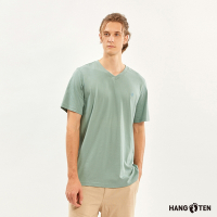 Hang Ten-男裝-純棉素色V領腳丫休閑短袖T恤-淺綠