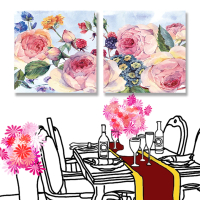【24mama 掛畫】二聯式 油畫布 復古 英國玫瑰 插圖 開花 優雅 植物 無框畫-30x30cm(古典花卉)