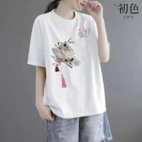 初色 中國風扇子印花流蘇寬鬆圓領短袖T恤上衣女上衣-共5色-11425(M-3XL可選)