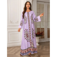 Gamis Abaya Ungu Elegan 2026 | Gaun Muslimah Corak Tradisional dengan Hiasan Berlian | Pakaian Modes
