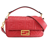 【FENDI 芬迪】Baguette 金屬雙F經典小牛皮壓紋肩斜兩用包法棍包(紅)