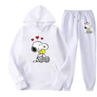 Snoopy White Cartoon Anime Women Sweatshirt Sweatpants Set Fashion Men Pullover Pants Suit Spring Autumn Couple Hoodie Pant Sets