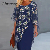 2024 Fashion Printed Chiffon Dress Ladies Elegant O-Neck 3/4 Sleeve Irregular Dress Autumn Casual Loose Commuter Dress Vestidos
