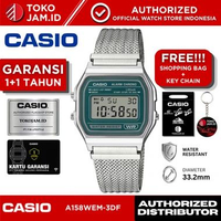 Casio A158WEM-3DF Digital Silver Stainless Steel Vintage Alarm Stopwatch LED Jam Tangan Unisex
