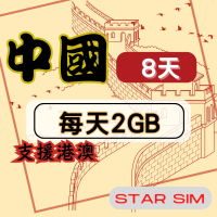 【星光卡 STAR SIM】中港澳上網卡8天每天2GB高速流量吃到飽(旅遊上網卡 中國 網卡 香港 澳門網路)