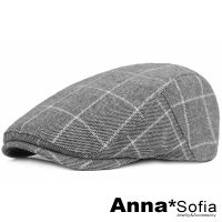 【AnnaSofia】棉質鴨舌帽小偷帽-粗線條長格紋 現貨(深灰系)