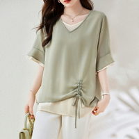 ＊ORead＊撞色拼接V領短袖雪紡襯衫上衣(圖片色M~5XL)【限定加碼✿全館滿額再折】