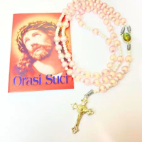 paket doa rosario pink isi putih/motr isi dengan buku orasi suci katolik/mote lampion soft pink