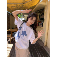 เกาหลี เสื้อแบบดารา เสื้อยืดแขนสั้น CMDXY7486 ผู้ชาย ผู้หญิง ลายทาง ตัวอักษร หลวม ลายสกรีน ฤดูร้อน ฤ
