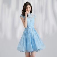 訂製款蕾絲旗袍藍色短禮服【B7-98729】
