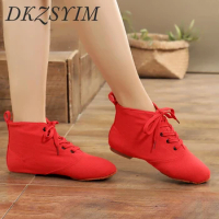 DKZSYIM Women Dance Boots Black Flat Dance Shoes Red Dancing Shoes Cloth Latin dance Shoes Suede Women Ankle Boots