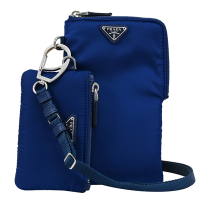 PRADA 三角LOGO尼龍頸掛式拉鍊手機包/旅用護照包(藍-附可拆式零錢包)