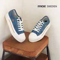 moz瑞典 綁帶式 駝鹿 厚底增高 丹寧系 帆布餅乾鞋(牛仔藍)