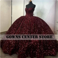 Burgundy Velvet Sequin Seeetheart Ball Gown Quinceanera Dress Corset Mexican Sweet 16 Dress Shinning Vestidos De 15 Años