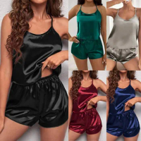 Women's Sleepwear Sexy Lace Satin Pajama Sets Nightwear Sleeveless Tops+Shorts 2Pcs Sets Pyjama Sets for Women Pijama
