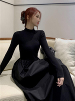 冬季高領裙子黑色針織法式赫本風連衣裙秋冬女新款長袖套裝