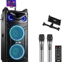 Moukey Karaoke Machine, Double 10" Woofer PA System for Party, Portable Bluetooth Speaker with 2 Wireless Microphone