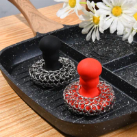 Chainmail Scrubber with Silicone Handle Cast Iron Cleaner for Cast Iron Grill Pan Skillet Wok Bakeware Cast Iron Scrubber