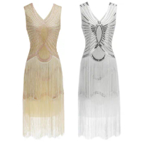Vintage 1920s Sequined Flapper Dress Gatsby Art Deco Double Women Fringe Great Party Tassel Bodycon Beaded Sexy Costume dress
