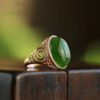 【墜享】天然和田碧玉S925純銀蛋面戒指開口調節優雅簡單復古飾品