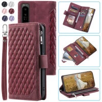Fashion Zipper Wallet Case For Sony Xperia 1 IV Flip Cover Multi Card Slots Cover Phone Case Card Slot Folio with Wrist Strap