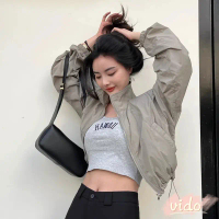 เสื้อกันลม Drawstring สั้นกลางแจ้ง Stand-up Collar Zipper Jacket ผู้หญิงป้องกันแสงแดดเสื้อแจ็คเก็ตบา