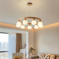 Lampu Siling Loket Gaya Log, Jepun, Candelier Cincin Kayu Pepejal, Dengan 3 / 6 / 9 Tudung Lampu Kac