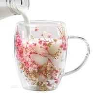 Double Wall Glass Cup 350ml Dry Flowers Insulated Flowers Espresso Cup Coffee Mugs Dual Layered Glass Cups Dried Flowers