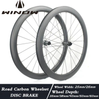Winowsports Carbon Road Wheelset 700C Disc Brake Tubeless Ceramic Bearings Hub Clincher 25 26mm Wheel Width Road Bike Wheels