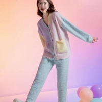 Patchwork Color Women's Pajama Set Winter Long Sleeve Ladies Fleece Sleepwear 2 Pcs with Pants Velvet Pyjama Suit for Female