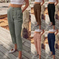 Solid Cotton Linen Women Pencil Pants Spring Casual Button High Waist Trousers Women Long Pants 3XL