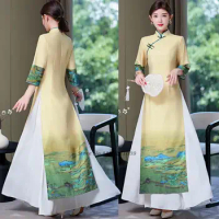 2024 folk style aodai dress vietnam chiffon aodai floral print elegant ao dai dress oriental dress cheongsam elegant party dress